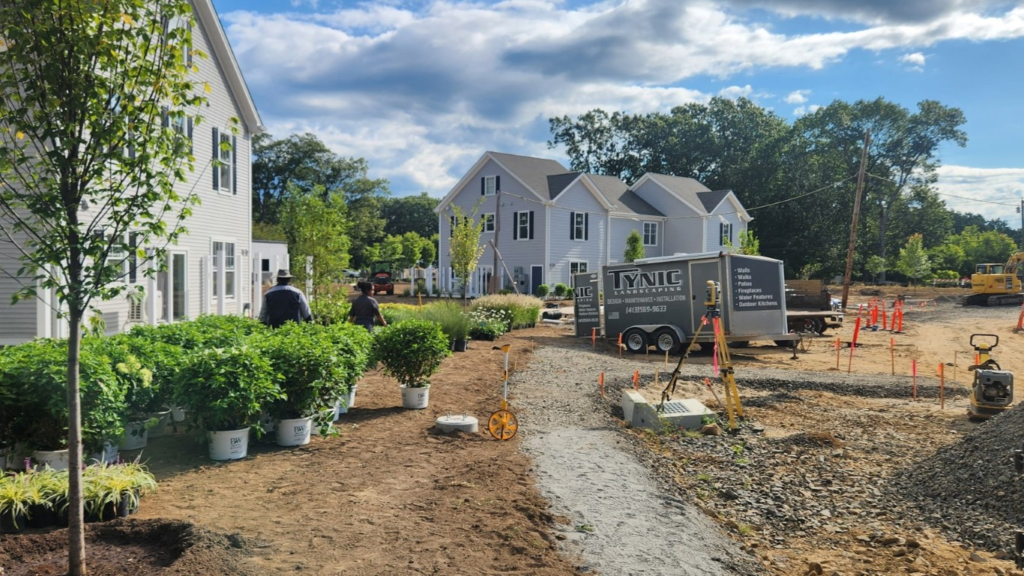 Tynic crew installing a commercial landscape