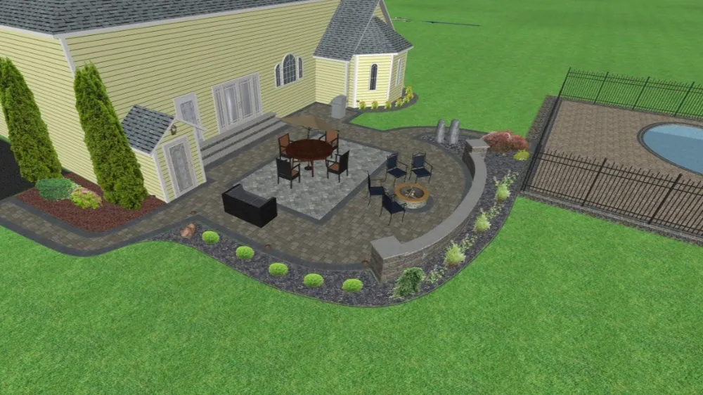 3D rendering of a paver patio with fire pit beside a pool