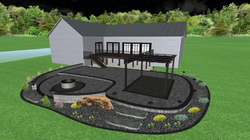 3D rendering of a two-level patio with pergola and fire pit