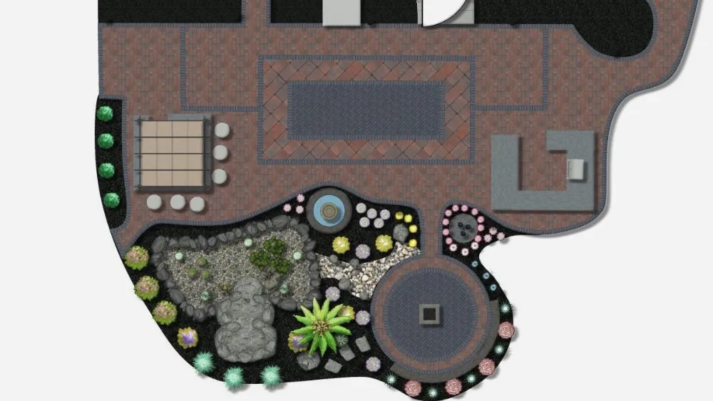 Overhead plan view rendering of a patio, water feature and planting beds