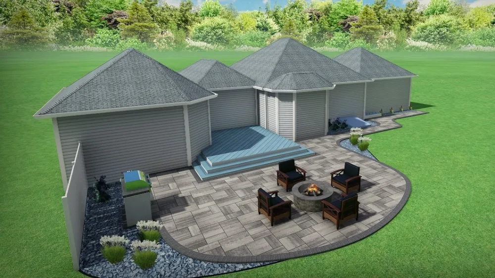 3D design rendering of a paver patio with fire pit and outdoor kitchen