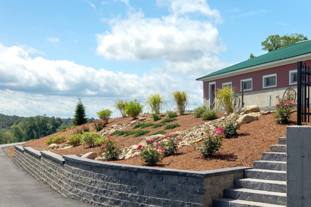 Stone walkway and patio work at a cabin home